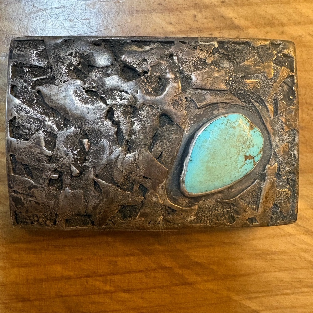 Sterling Silver and Morenci Turquoise Belt Buckle brutalist design Native Navajo